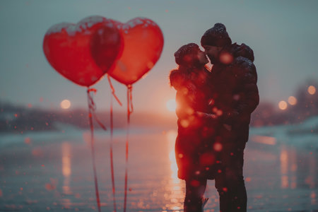 Couple kissing outdoor with red heart shaped balloons. Valentines Day celebration conceptの素材