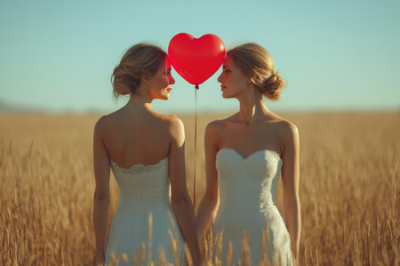 Two women wearing white dresses holding red heart-shaped balloon. Valentines day conceptの素材