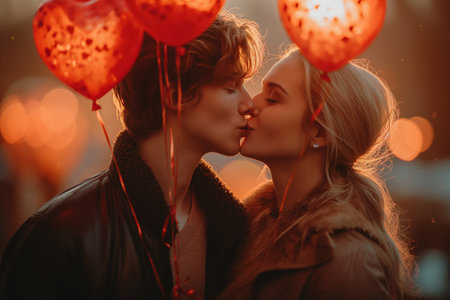 Couple kissing outdoor with red heart shaped balloons. Valentines Day celebration conceptの素材