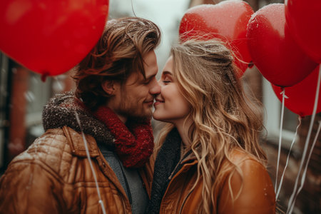 Couple kissing outdoor with red heart shaped balloons. Valentines Day celebration conceptの素材