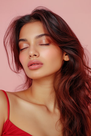 Beautiful Indian woman with pink lips and eye shadow on the pink backgroundの素材