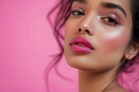 Beautiful Indian woman with pink lips and eye shadow on the pink background with copy spaceの素材
