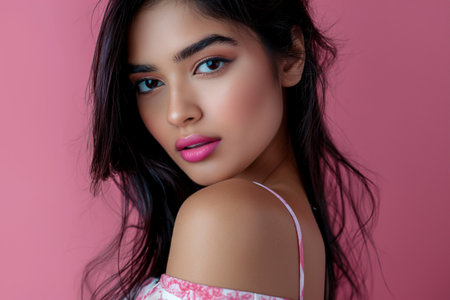 Beautiful Indian woman with pink lips and eye shadow on the pink backgroundの素材