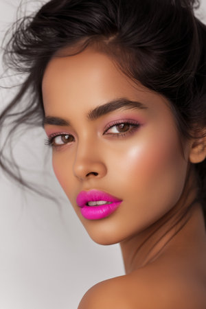 Beautiful Indian woman with pink lips and eye shadow on a white backgroundの素材