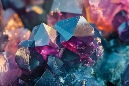Macro shot of amethyst Quartz Crystal cluster gemstone. Beautiful crystals arrangementの素材