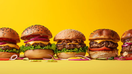 Commercial food photography, a group of tempting various different burgers against yellow backgroundの素材