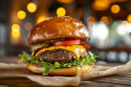 Gourmet cheeseburger on a wooden board against blurred restaurant interior backgroundの素材