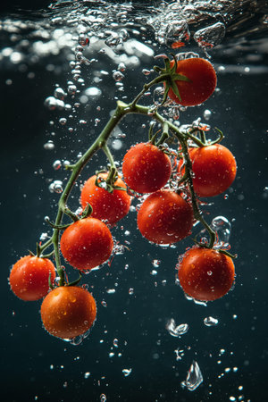 A branch of cherry tomatoes falling into the water. Tomatoes underwater. Frozen motionの素材