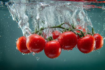 A branch of cherry tomatoes falling into the water. Tomatoes underwater. Frozen motionの素材