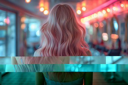 Back view of woman with long shiny hair in beauty salon. Happy client after treatmentの素材