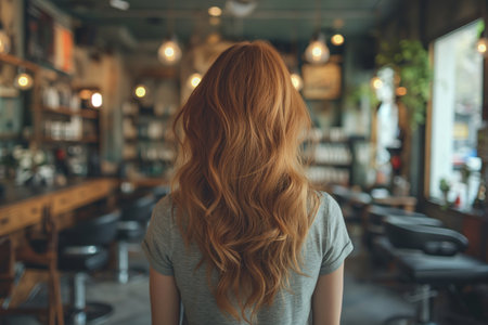 Back view of woman with long shiny hair in beauty salon. Happy client after treatmentの素材
