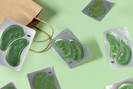 Eco eye patches on green backgound. Face care beauty treatment concept