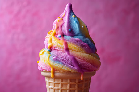 Delicious creamy rainbow colorful ice cream cone on a pink backgroundの素材