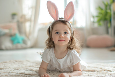 Portrait of cute little smiling girl wears pink toy bunny ears lying on the carpet at homeの素材