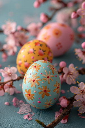 Close up of easter eggs with flower print surrounded by spring pink blossom on blue backgroundの素材