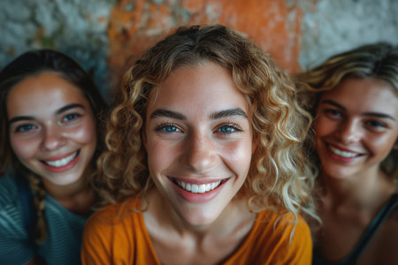 Young female students having fun together while taking photo outdoorsの素材