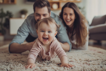Cheerful young family of three having fun together at homeの素材