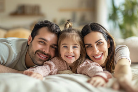 Cheerful young family of three having fun together at homeの素材
