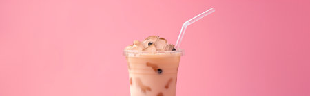 A cup of bubble boba milk tea on pink background. Banner for restaurantの素材