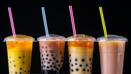 Cups with straws of bubble boba milk tea in a row on black background. Banner for restaurantの素材