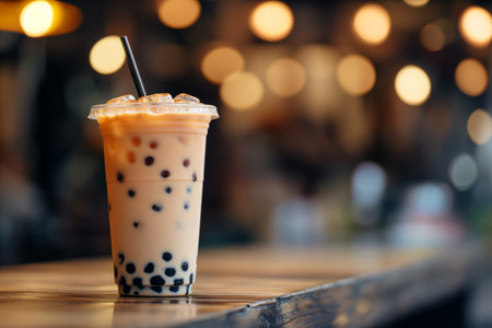A cup with a straw of milk tea with boba bubbles on a table in a cafe. Banner for restaurantの素材