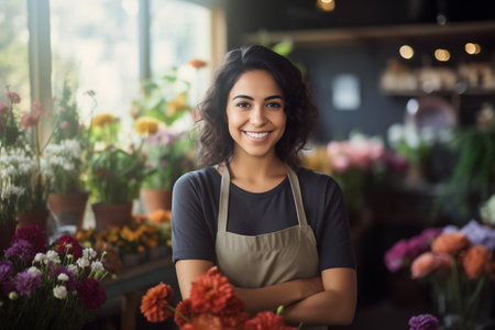 Young smiling beautiful Hispanic woman florist standing in flower shop looks with her arms crossedの素材