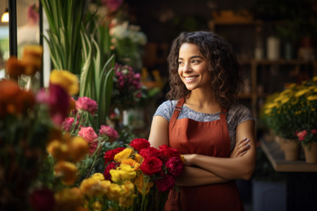 Young beautiful Hispanic woman florist in flower shop looks out the window with her arms crossedの素材