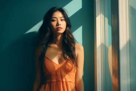 Young beautiful confident Asian female in trendy peach fuzz summer dress posing near blue wallの素材