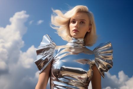 Stylish blonde woman in shiny futuristic patent leather dress in sunlight against the skyの素材