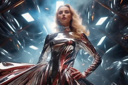 Low angle view of stylish blonde woman in futuristic shiny patent leather dressの素材