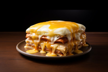 Traditional Portuguese Francesinha sandwich, originally from Porto, on the wooden tableの素材