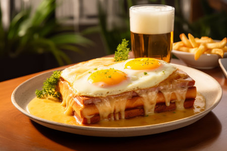 Close up view of traditional Portuguese sandwich Francesinha on a white plate with a glass of beerの素材