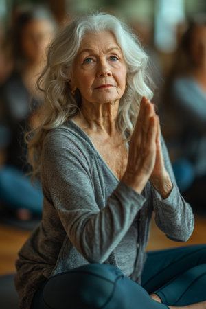 Beautiful senior woman wears sportswear doing exercises on a group training in the gymの素材