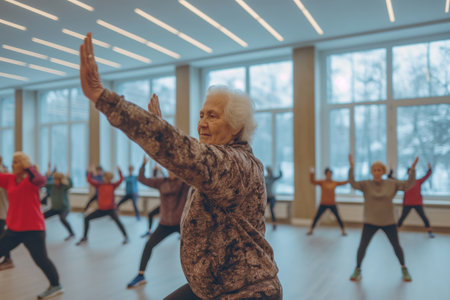 Beautiful senior woman wears sportswear doing exercises on a group training in the gymの素材