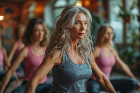 Beautiful senior woman wears sportswear doing exercises on a group training in the gymの素材