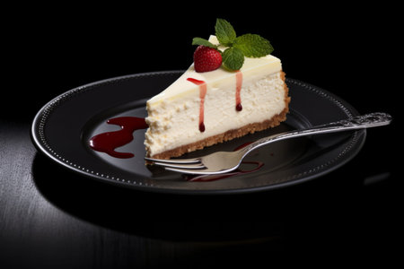 A slice of classic New York style cheesecake with jam, strawberry and mint on top on the black plate