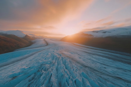 Captivating view of the glacier and mountains in sunsetの素材