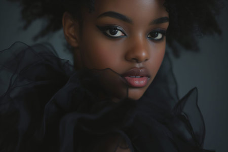 Close up portrait of beautiful African American woman with bright make up wears black dressの素材