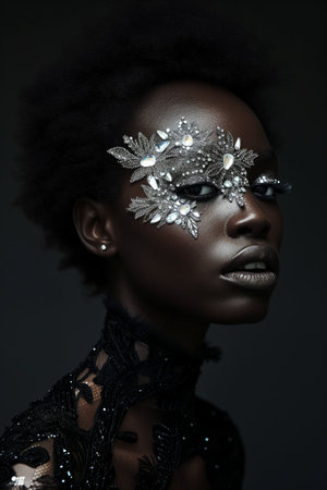 Beautiful African American woman with makeup using crystals on her face wears black dressの素材