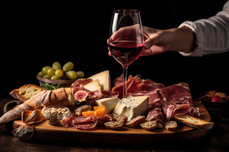 Mans hands holding wine and charcuterie board on black background. Cheese, Prosciutto di parma ham, salami, figs and grapes. Italian antipasti or Spanish tapasの素材