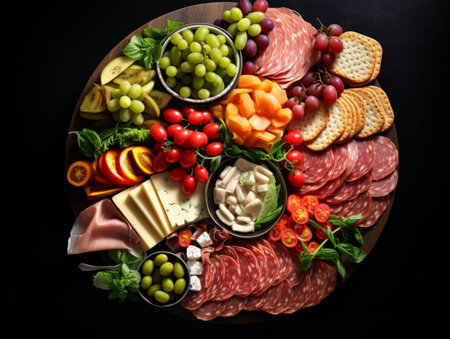 Charcuterie board on black background. Cheese, Prosciutto di parma ham and grapes. Italian antipasti or Spanish tapas, top viewの素材