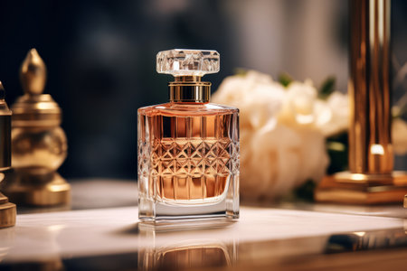 Bottle of luxury perfume on the marble table on blurred background. Modern style perfumery templateの写真素材
