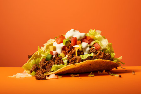 Juicy beef taco topped with sour cream and veggies on the orange backgroundの素材