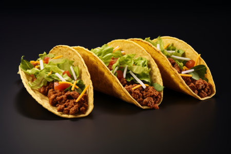 Juicy beef tacos topped with sour cream and veggies side by side on the black backgroundの素材