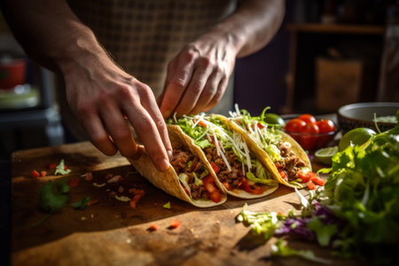 Hand preparing fresh gourmet Mexican taco meal with vegetable and meat filling in the kitchenの素材