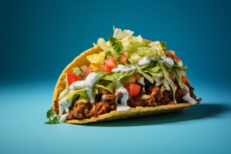 Juicy beef taco topped with sour cream and veggies on the blue backgroundの素材