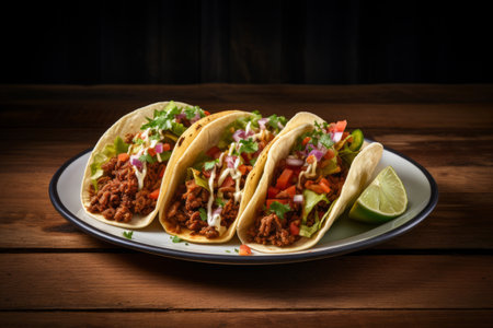 Juicy beef tacos topped with veggies side by side on the white plate on wooden tableの素材