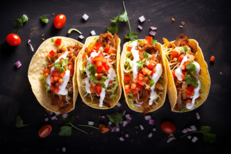 Top view of Mexican pork carnitas tacos with greens, sour cream and tomato on the wooden tableの素材