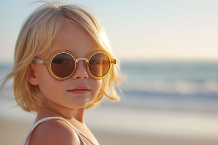 Cute little girl standing near the sea in sunglasses, family vacationの素材