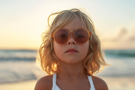 Cute little girl standing near the sea in sunglasses, family vacationの素材